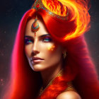 Vibrant digital artwork of woman with red hair, blue eyes, gold jewelry