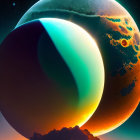 Colorful large planet rising over rocky terrain in sci-fi scene