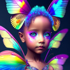 Young girl with vibrant butterfly wings and magical aura.