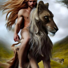 Digital artwork of man with lion's mane merged into roaring lion against cloudy sky