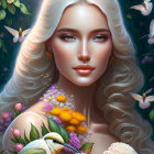 Digital Artwork: Woman with Pale Pink Hair, Flowers, and Hummingbirds