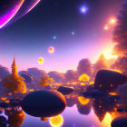 Fantasy landscape with glowing trees, floating spheres, colorful sky