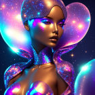 Purple-skinned female figure with glowing horns on starry background