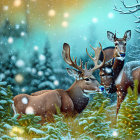 Winter scene: Three deer in snowy forest with falling snowflakes, pine trees, twilight sky.