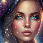 Galaxy-themed digital art portrait of a woman with vibrant blue eyes