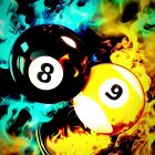 Black 8 Ball and Yellow 9 Ball in Blue and Orange Flames