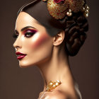 Portrait of a woman with floral hairstyle, bright makeup, and gold necklace