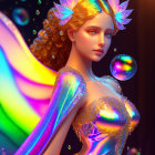 Fantastical female figure with iridescent fairy wings and radiant bubbles