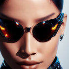 Close-up of person in reflective orange-lens sunglasses