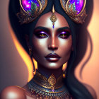 Digital artwork featuring woman with dark skin, golden cat-like ears, violet eyes, and elaborate golden jewelry