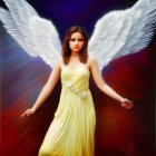 Person with Angel Wings in Yellow Dress Against Starry Sky and Colorful Sunset