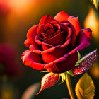 Vibrant red rose with dew drops in warm sunlight