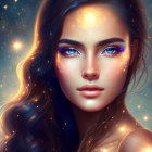 Vibrant blue-eyed woman with starry freckles in digital art.