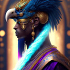 Elaborate bird-themed headdress with golden accents and blue feathers