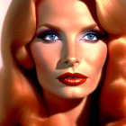 Portrait of woman with peach hair, blue eyes, and glowing skin on pink backdrop