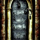 Weathered Wooden Door with Iron Details in Stone Archway