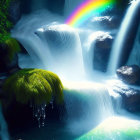 Scenic waterfall in lush forest with vivid rainbow