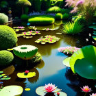 Tranquil pond with green lily pads and pink lotus blooms