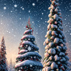 Festive Christmas trees with red ornaments under starry sky