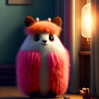 Stylized cartoon dog with fluffy pink and white fur in cozy room