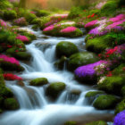 Tranquil forest stream with moss-covered rocks and pink wildflowers