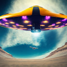 Futuristic flying saucers over desert landscape with cloudy sky