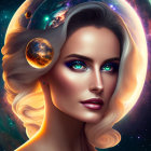 Cosmic-themed digital artwork of a woman with space makeup