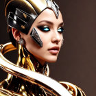 Futuristic woman in golden armor with blue lights on dark background