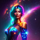 Cosmic-themed woman with stars and nebulae in vibrant space scene