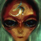 Detailed Close-Up of Alien with Black Eyes, Red Skin, and Forehead Symbol