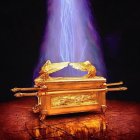 Golden ornate chest with winged embellishments and lightning bolt on dark backdrop