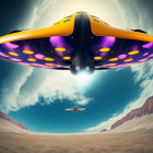 Majestic UFO over golden field with mountains and dramatic sky