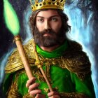 Regal man in golden armor with crown and green scepter displays authority