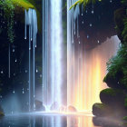 Tranquil waterfall in lush greenery with sunlight piercing through