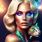 Digital Artwork: Woman with Blue Eyes, Blonde Hair, Vibrant Makeup, and Cat