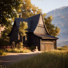 Autumn forest scene with rustic wooden barn by road