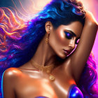 Colorful cosmic hair woman with jeweled crown and elegant attire