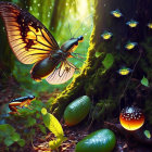 Vibrant butterfly, glowing beetles, and luminescent plants in enchanted forest