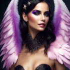 Stylized portrait of woman with dark hair and angel wings