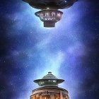 Futuristic UFO fleet emits light beams over mountain base