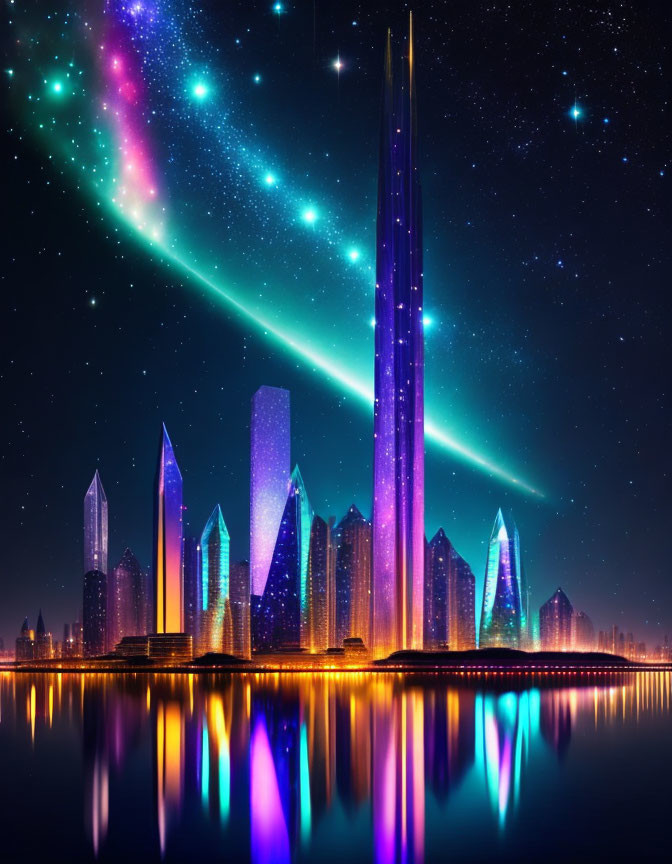 Futuristic city skyline at night with colorful northern lights and water reflections