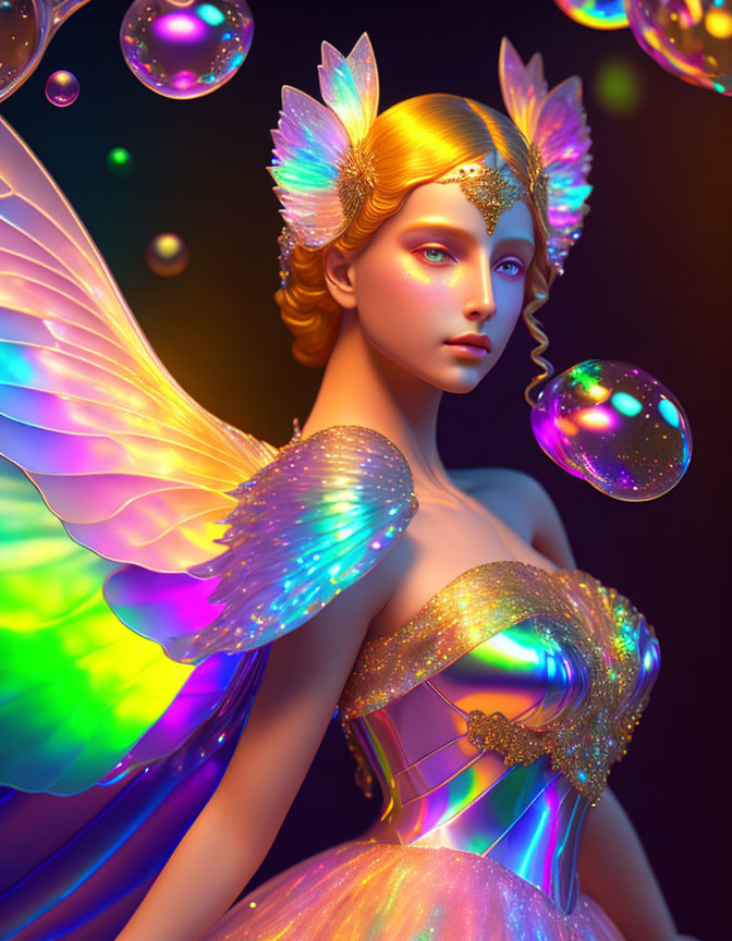 Fantastical female figure with iridescent fairy wings and radiant bubbles