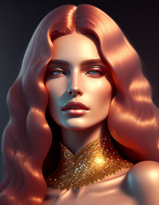 Portrait of woman with rose gold hair, blue eyes, gold attire, and warm light