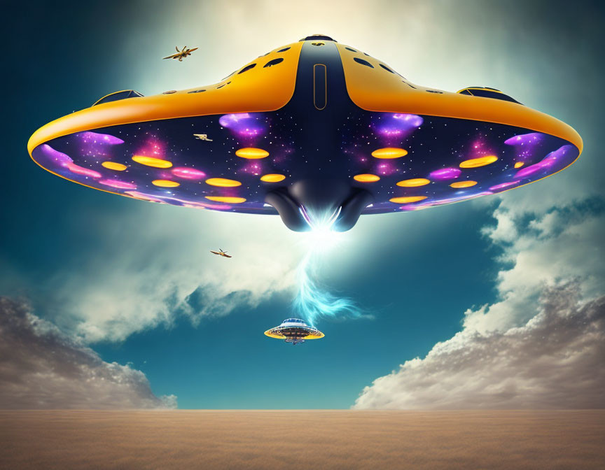 Colorful UFO emitting light in cloudy sky with smaller UFOs and birds in desert landscape