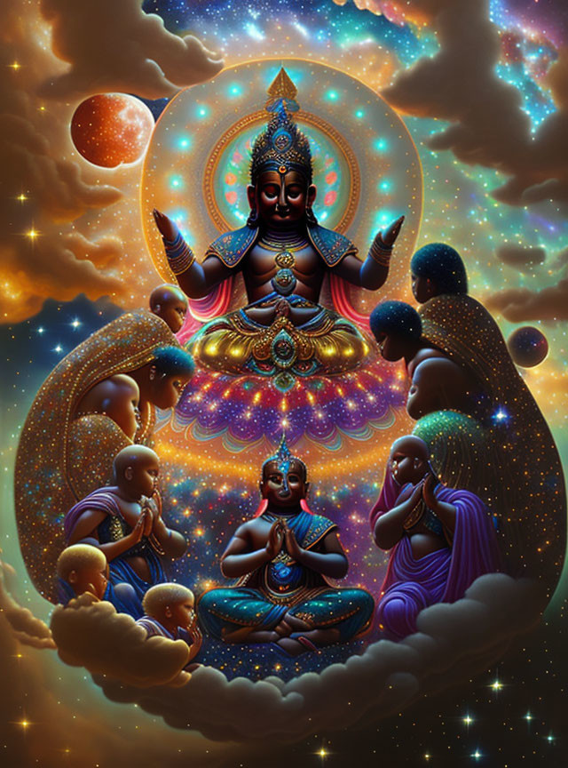 Illustration of multi-armed deity with reverent figures in cosmic setting