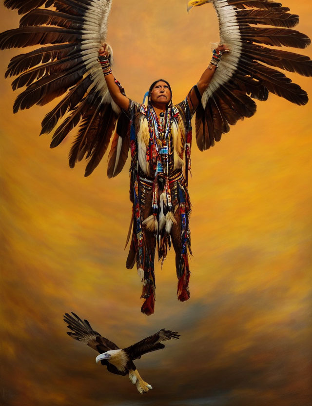 Elaborate Native American regalia with feathered headdress and wings against warm backdrop mimics eagle