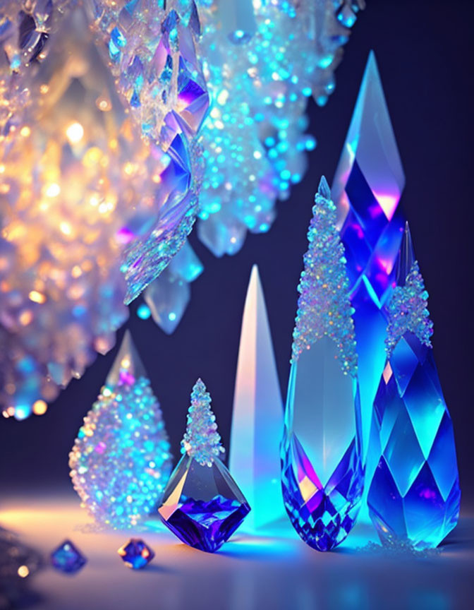 Shimmering crystal formations on dark background with blurry chandelier