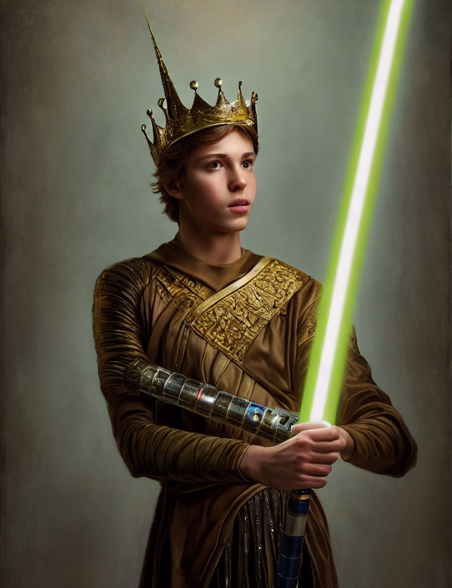 Medieval-themed person with glowing green lightsaber in hand