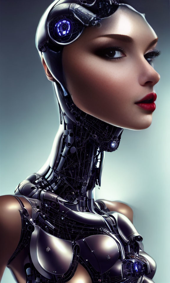 Detailed humanoid robot illustration with glossy black plating and blue glowing eye