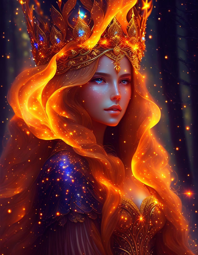 Fantasy queen with golden fiery hair in mystical forest setting